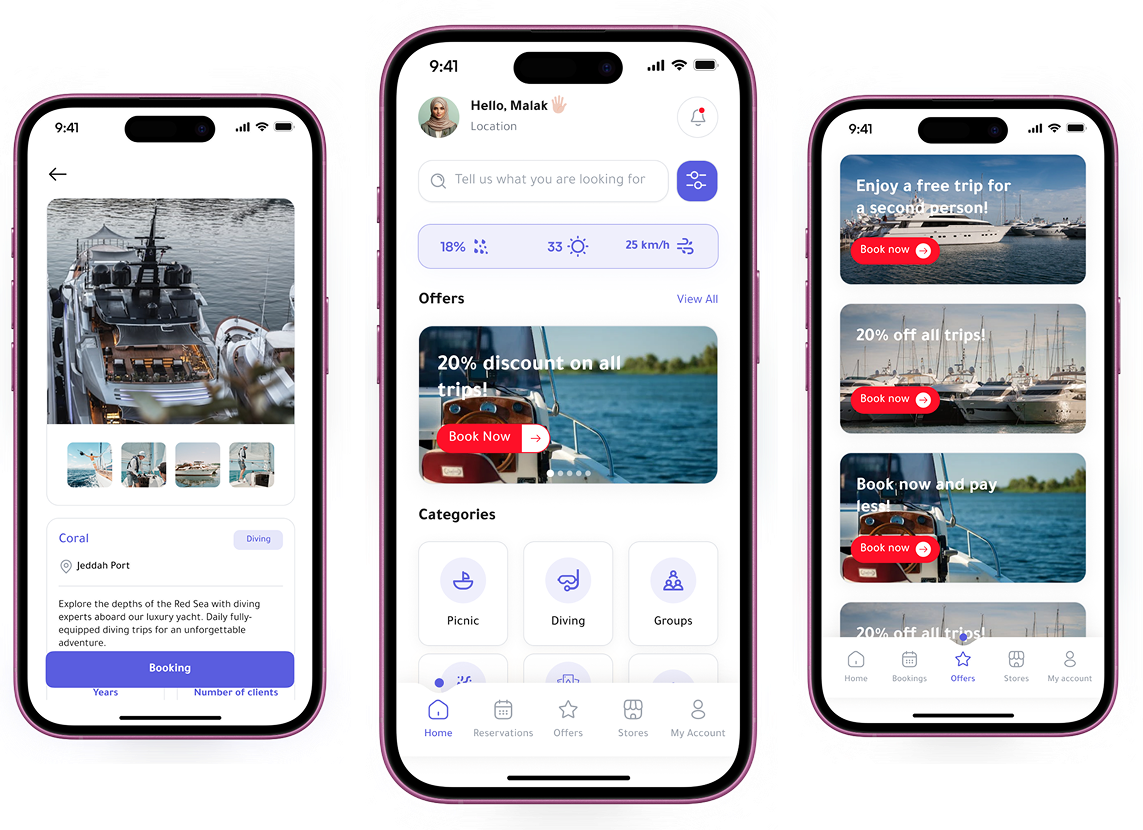 Lujjh App Screenshots showing maritime booking interface